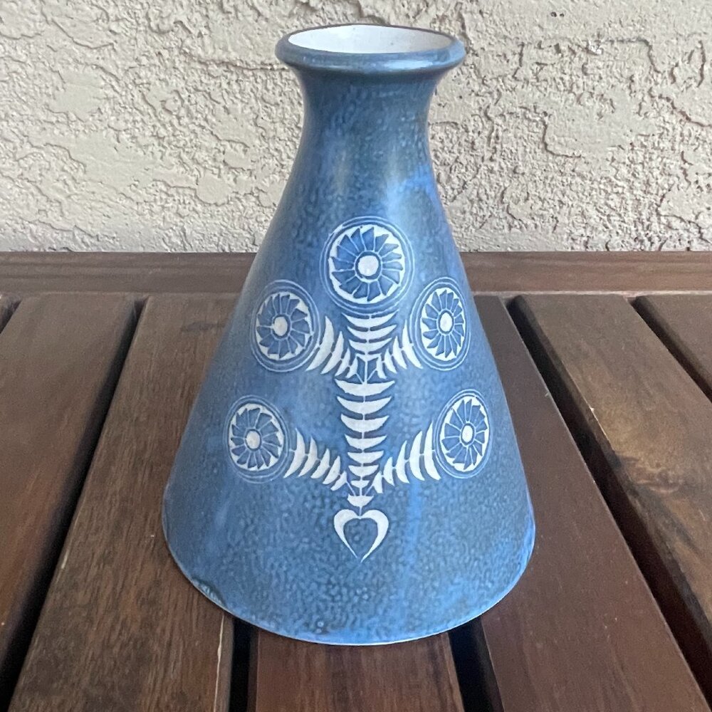 Mid Century Handmade Keramik German Studio Art Pottery Blue Vase